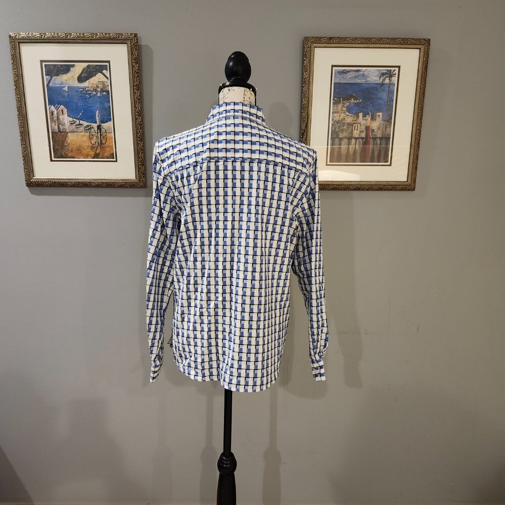 FOXCROFT White, Blue and Black Geometric 100% Cotton Button-up Shirt - Picture 6 of 9